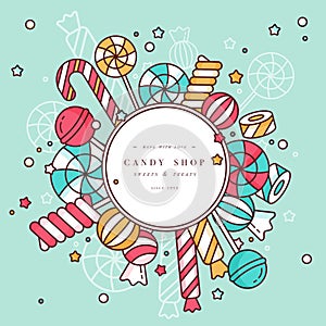 Candy shop round frame background with linear lollipops with sprinkles, spiral and caramel colorful sweets vector