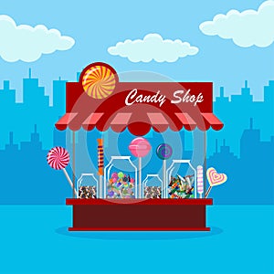 Candy shop, store in city. Sweet candies in glass jar isolated on background. Lollipop, chocolate bar. Vector cartoon design