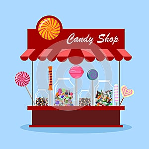 Candy shop, store in city. Sweet candies in glass jar isolated on background. Lollipop, chocolate bar. Vector cartoon design