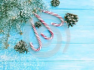 Candy, snow bump festive template decorative design on a wooden background, Christmas tree