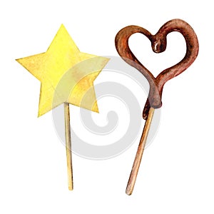 Candy star chocolate stick watercolor drawing set. Heart sweet suckers sugar pops treat. Confection drop lollipops