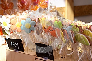 Candy on a stick, selling gingerbread, colorful sweets