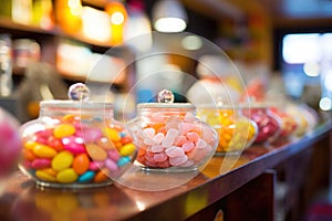 Candy store counter laden with a diverse mix of colorful dragee and jelly candies