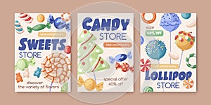 Candy store flyer designs. Sweets shop poster templates. Promo backgrounds with lollipops, sugar bonbons, caramels and