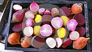 Candy stripe, golden and purple beetroot halves