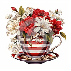 Candy striped cup and saucer filled with red and white flowers