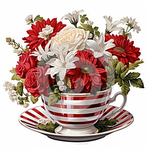 Candy striped cup and saucer filled with red and white flowersflowers