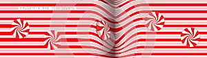 Candy striped design with swirling red and white peppermint hard candy illustrates the Christmas holiday theme.