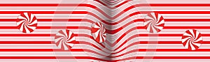 Candy striped design with swirling red and white peppermint hard candy illustrates the Christmas holiday theme.