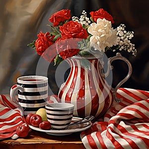 Candy striped pitcher filled with red and white flowers