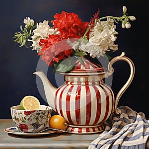 Candy striped teapot next to vintage floral teacup