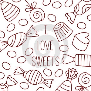 Candy sweets doodle line icons vector set