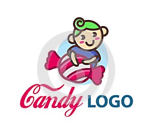 Candy vector logo template with cute little funny boy. Ð¡hild hugs a big candy. Candy shop icon. Candy bar logo. Lollipop icon.