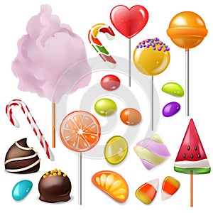 Candy vector sweet food dessert lollipop or caramel bonbon in confectionery or candyshop illustration set of candyfloss