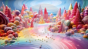 Candy way landscape mountains in wonderland. Sweet sugary river with chewing cum and lollipop banks