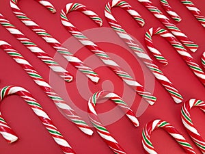 Candycanes candy on a red  background
