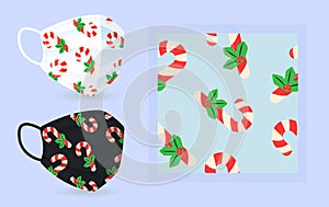 Candycane pattern on black, white face mask mockup with modern abstract seamless pattern