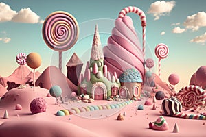 Candyland, houses and sweets. Dreamland. AI generative