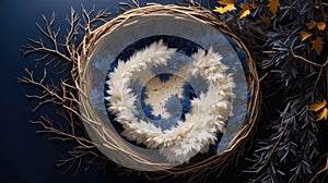 Cane nest with white cream fur for newborn baby photography