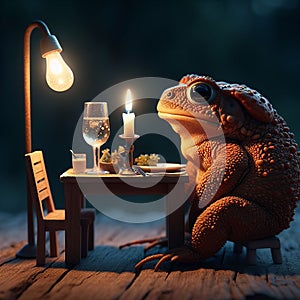 A cane toad enjoying a tiny candlelit dinner for two, photoreal photo