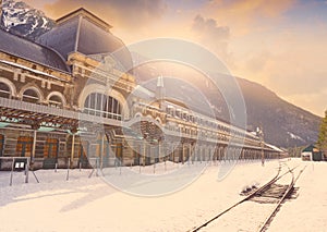 Canfranc train station in Huesca on Pyrenees Spain