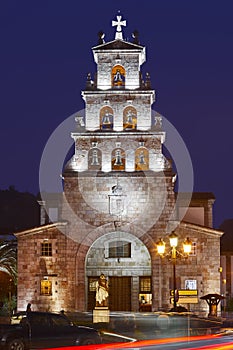 Cangas de onis church and bell tower by night. Asturias, Spain