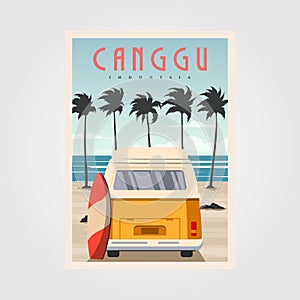 Canggu beach with vintage car background design, surfing poster vintage illustration design