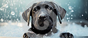 A Canidae carnivore dog breed taking a bath in a bathtub