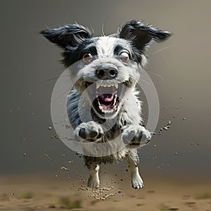 A Canidae companion dog breed jumping in the air with its mouth open