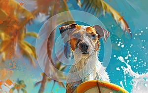 Canidae companion dog riding surfboard in ocean, displaying art of water sport