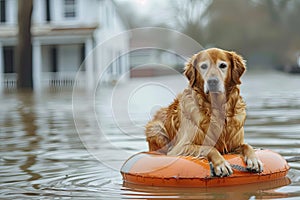 A Canidae breed dog with a fawn coat sits on a life preserver in the water photo