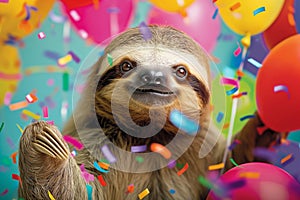 Canidae species with fur and snout holding balloons and confetti at an event. Birthday party photo