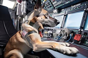 canine astronaut, with his paw on button to activate rocket thrusters, in the cockpit of spacecraft