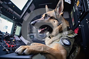 canine astronaut, with his paw on button to activate rocket thrusters, in the cockpit of spacecraft