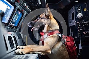 canine astronaut, with his paw on button to activate rocket thrusters, in the cockpit of spacecraft