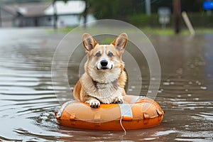 A canine companion is perched on a life preserver in the water