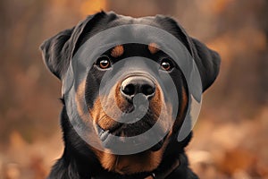 Canine Curiosity Shines Through a Rottweiler\'s Expressive Features in Autumn Light Generative AI photo