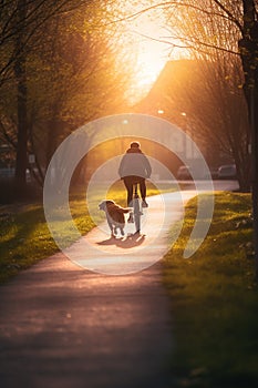 Canine Joyride: Dog Running Alongside Owner on Bike Path in City