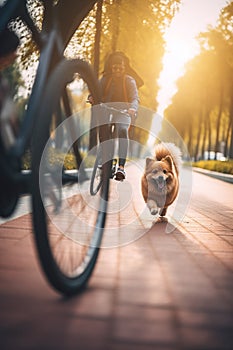 Canine Joyride: Dog Running Alongside Owner on Bike Path in City