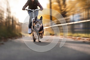 Canine Joyride: Dog Running Alongside Owner on Bike Path in City