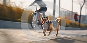 Canine Joyride: Dog Running Alongside Owner on Bike Path in City