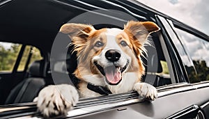 Canine Joyride: Happy Dog with Head Out of the Car Window, Fur Flying in the Breeze