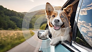 Canine Joyride: Happy Dog with Head Out of the Car Window, Fur Flying in the Breeze