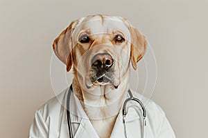 Canine in medical worker attire on gradient backdrop for veterinary clinic concept