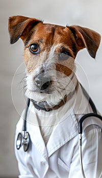 Canine in medical worker outfit against gradient backdrop, ideal for search relevance photo