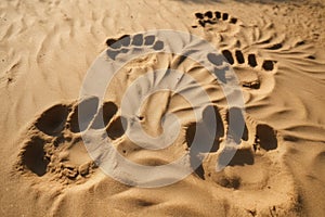 canine paw prints in sand after digging