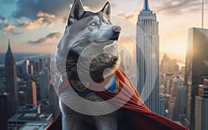 Canine Superpower Alaskan Malamute Saves the Day. Cinematic Cityscape. Generative AI