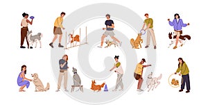 Canine trainers, owners training dogs agility, obedience, education. People giving commands to puppies, exercising with