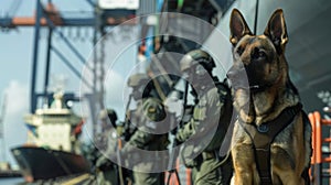 Canine units patrolling the port and sniffing for any traces of explosive materials on cargo and vessels.