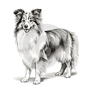 Detailed Collie Dog Drawing Illustration In Dark White And Light Gray photo